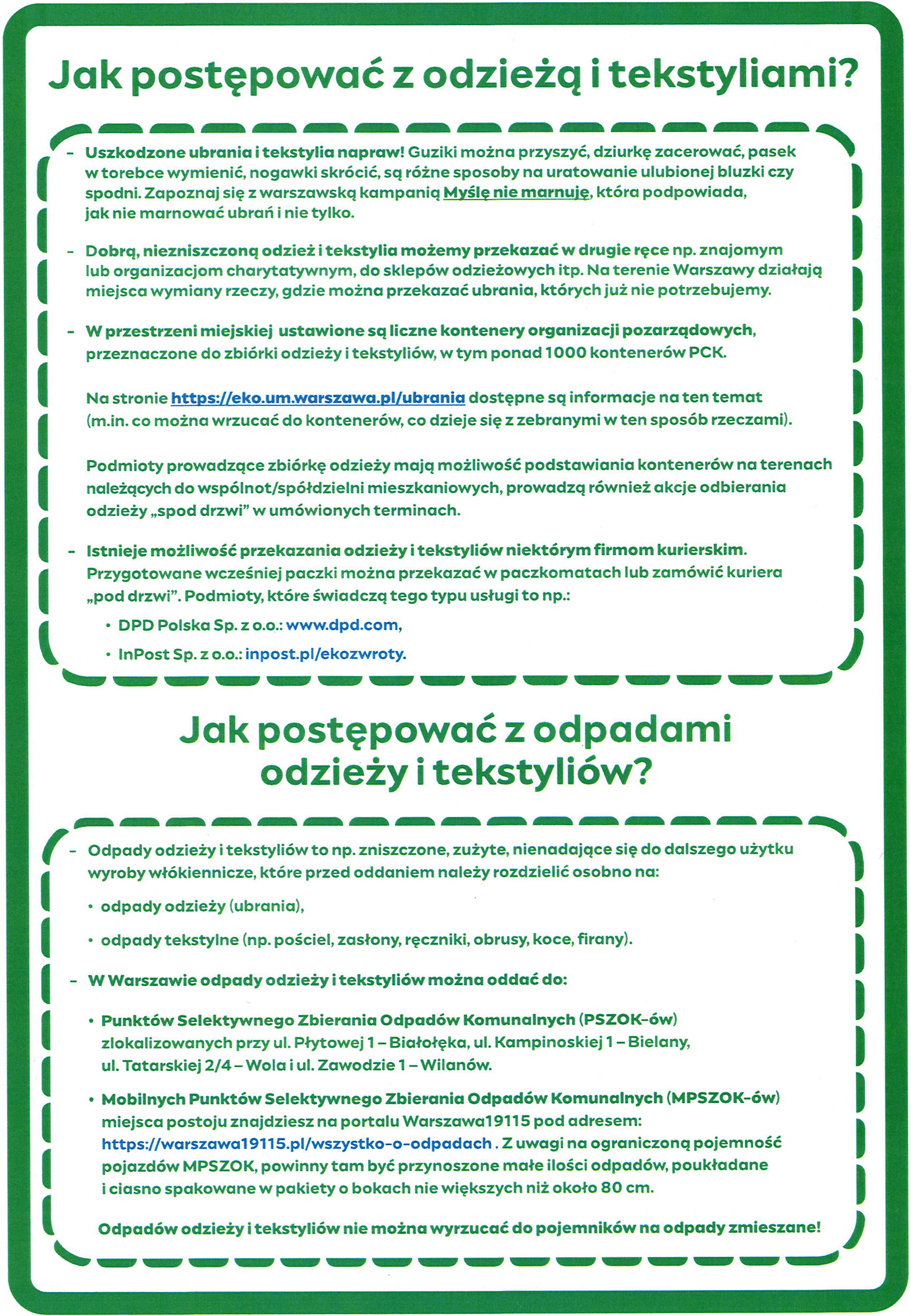 Ogłoszenie Informacje o selektywnej zbiórce tekstyliów i odzieży – Urząd m.st. Warszawy